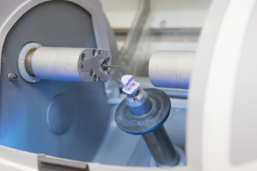 The CEREC dental milling machine currently shaping a dental crown.
